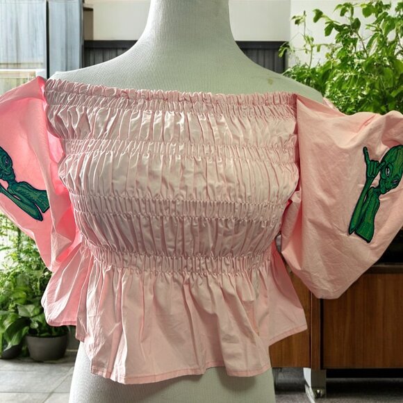 Women's Alien Patch Pink Ruffle Blouse Top Shirt Size Small - Picture 3 of 4
